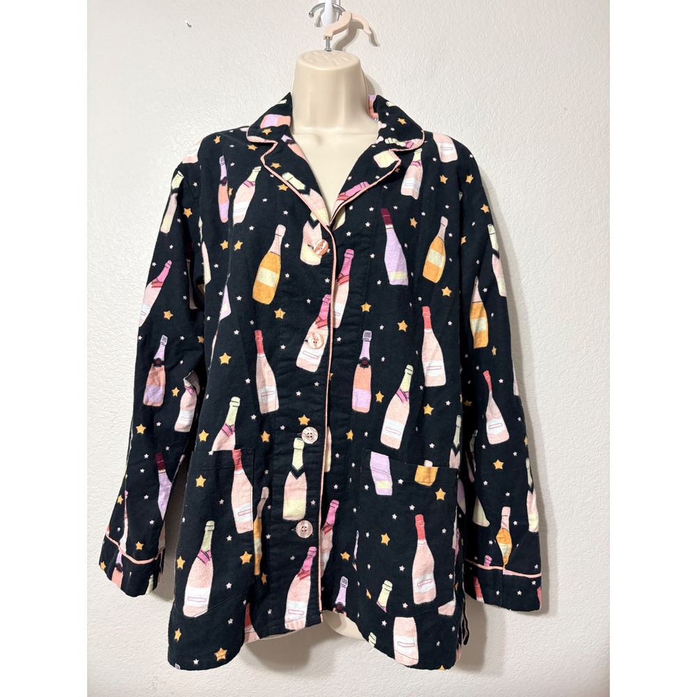 PJ Salvage Womens Small Fleece Pajama Top Champagne Bottle Star Print Black Pink